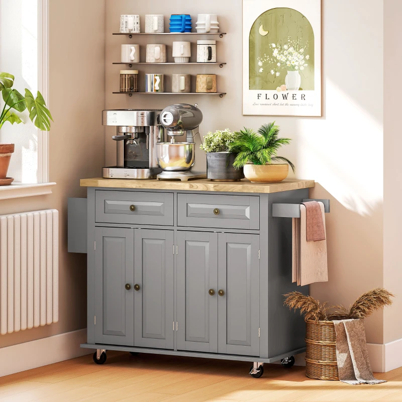 HOMCOM Carrello da Cucina con 2 Cassetti e 2 Armadietti, Piano in Legno, Portaspezie e Porta Canovacci, Grigio