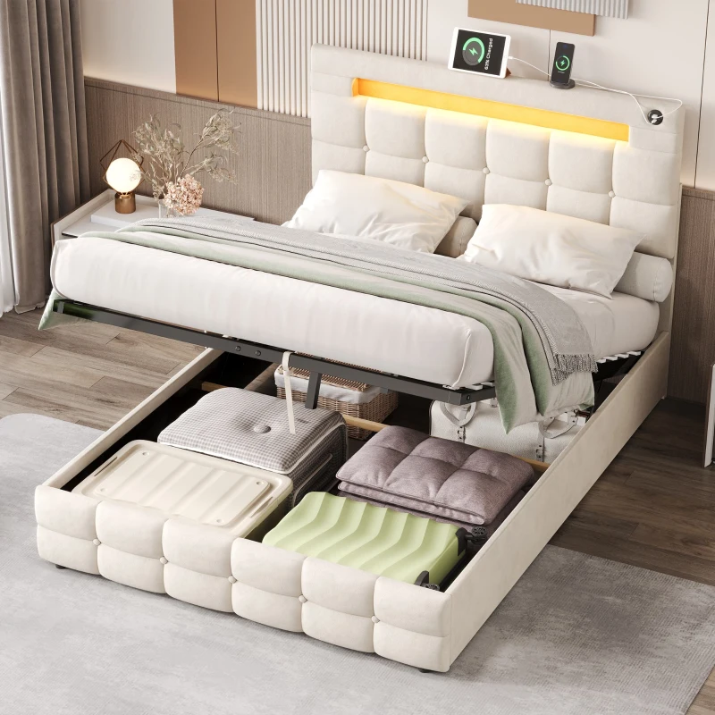 LED Double Upholstered Bed Frame with Charging Station, Adjustable Headboard, Velvet Hydraulic Storage Bed, 202.5L x 142W x 108H cm, Beige