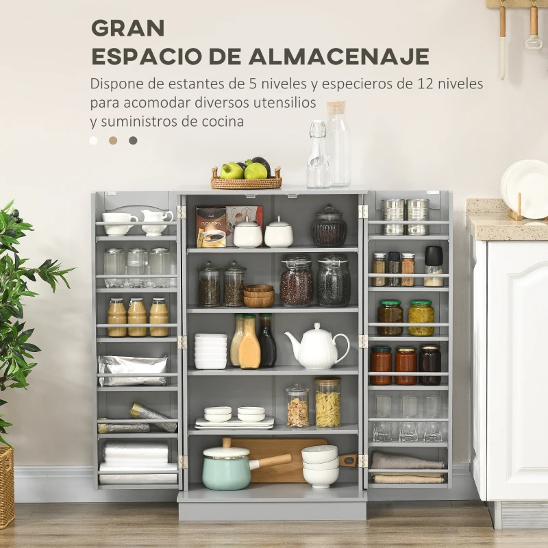 HOMCOM Armario Despensa Cocina con 2 Puertas y 16 Estantes Alacena Moderna con Estantes Ajustables 60x30x104cm Gris