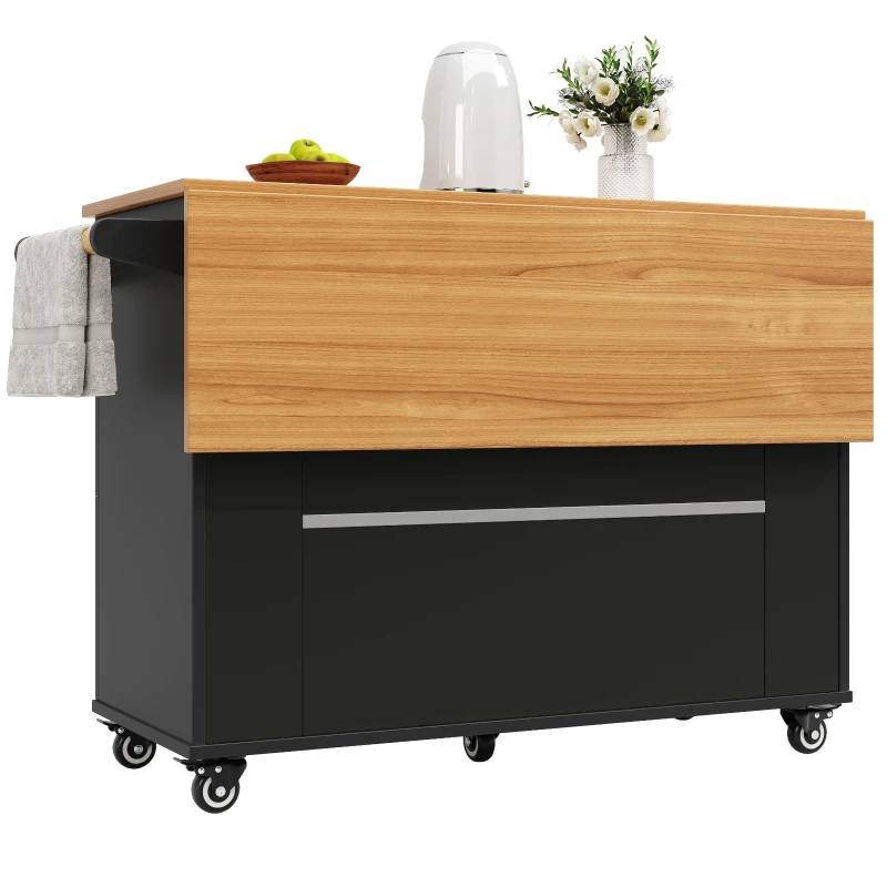 Rolling Mobile Kitchen Island Cart with Drawer and Storage Cabinet, Drop Leaf Breakfast Bar with Towel Rack, 121L x 70W x 88H cm, Black