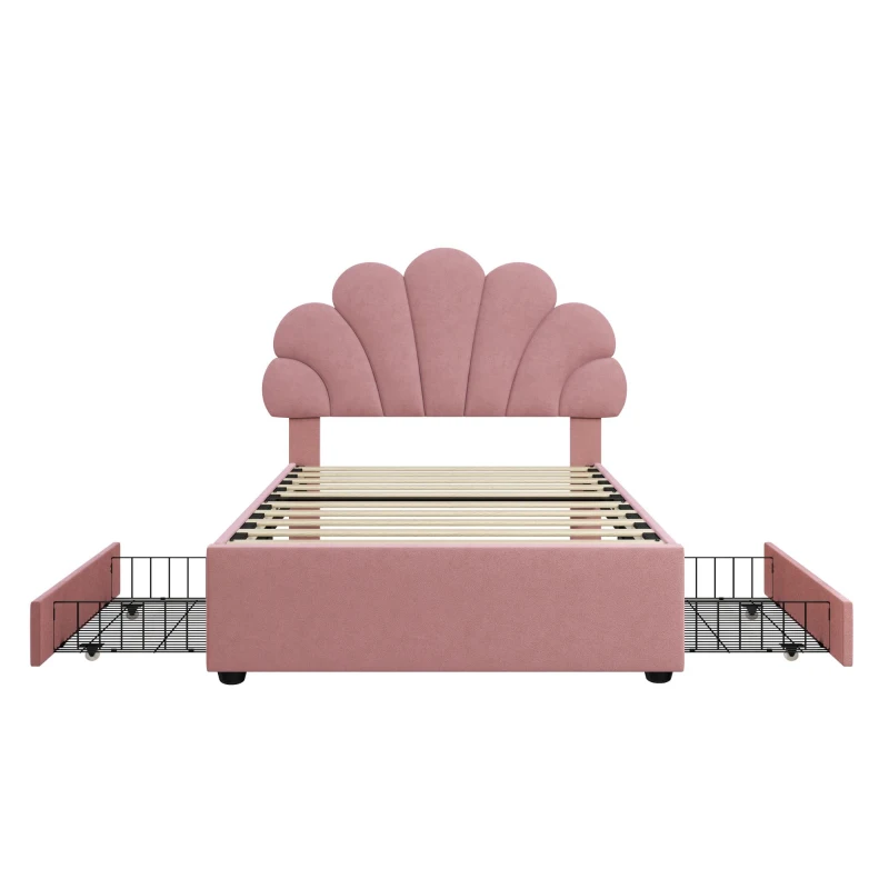 Single Upholstered Bed with Adjustable Petal Headboard, Solid Wood Slat, Velvet Bed Frame with Storage Drawers, 194L x 107W x 106H cm, Pink