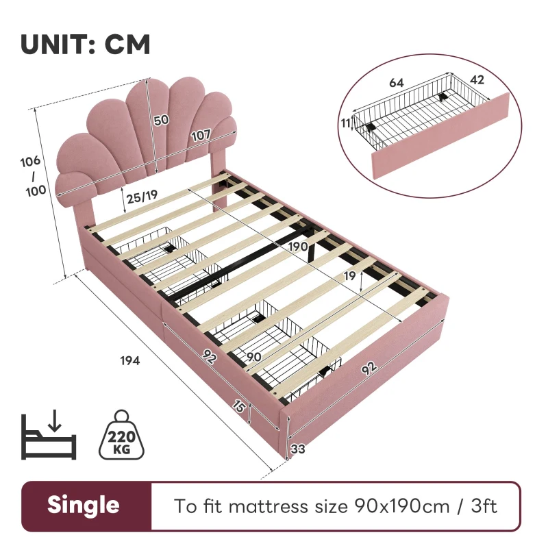 Single Upholstered Bed with Adjustable Petal Headboard, Solid Wood Slat, Velvet Bed Frame with Storage Drawers, 194L x 107W x 106H cm, Pink