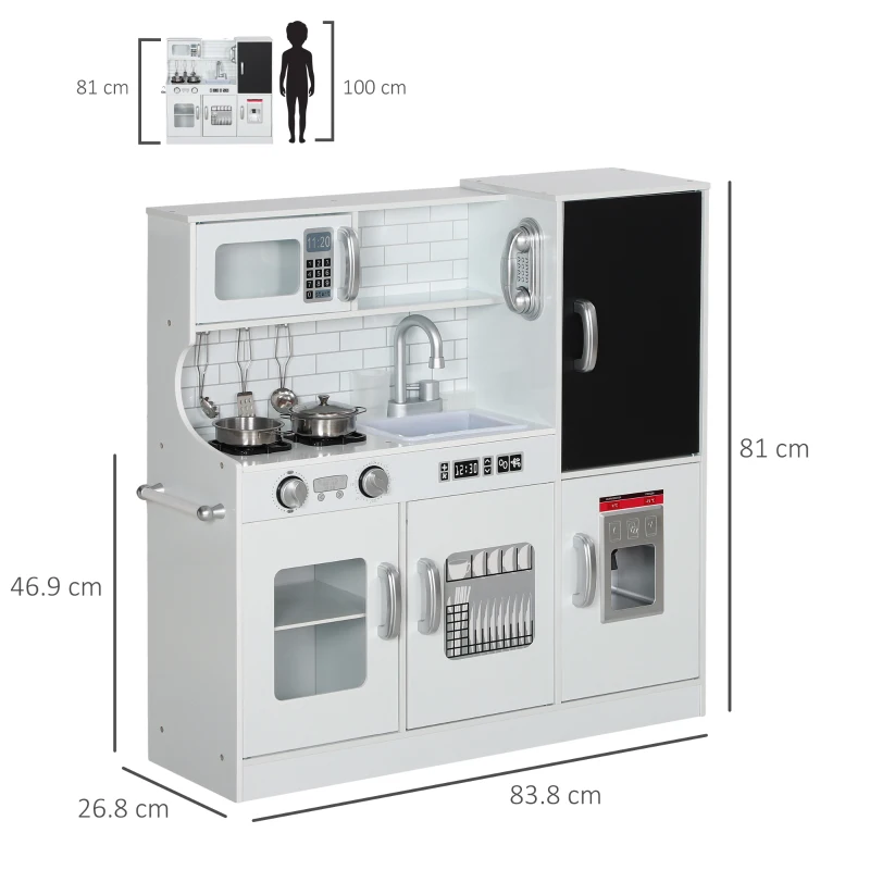 AIYAPLAY Pretend Play Kitchen, Kids Kitchen Playset, with Toy Phone, Chalkboard, Microwave, Cooking Stove, Sink, White