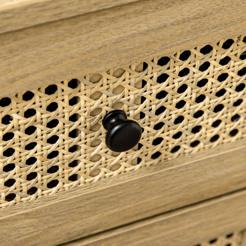 HOMCOM Cassettiera con 4 Cassetti e Inserti in Rattan Stile Boho, 80x35x95 cm, Legno Naturale