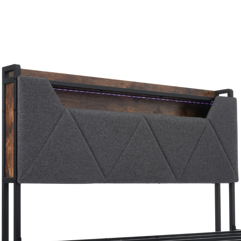 Upholstered Double Bed with LED Lighting, USB Type-C Charging, Bed Frame with Storage Headboard, Drawers, 208L x 137W x 110H cm, Grey