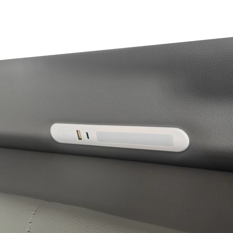 King Upholstered Bed Frame with Hydraulic Storage, LED Light, PU Leather Ottoman Bed with Charging Station, 217L x 152W x 115H cm, Grey