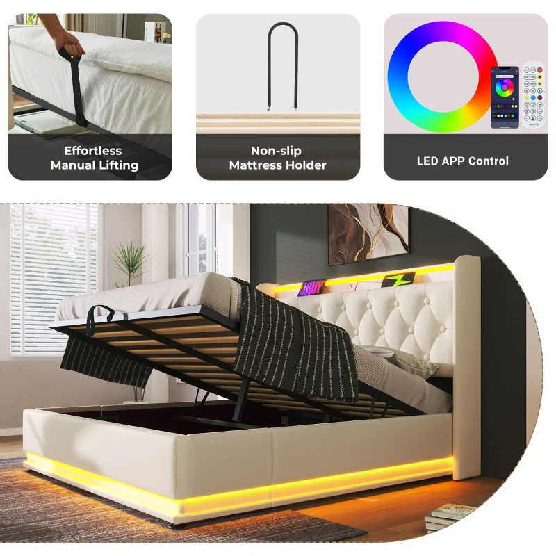 Upholstered Double Ottoman Bed with 360 Surround LED, USB Charging Port, Hydraulic Storage Bed Frame, 206L x 148W x 104H cm, White