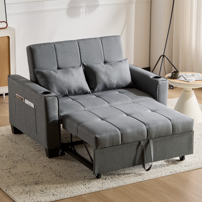 2 Seater Sofa Bed with Cup Holders, Gray | Aosom UK