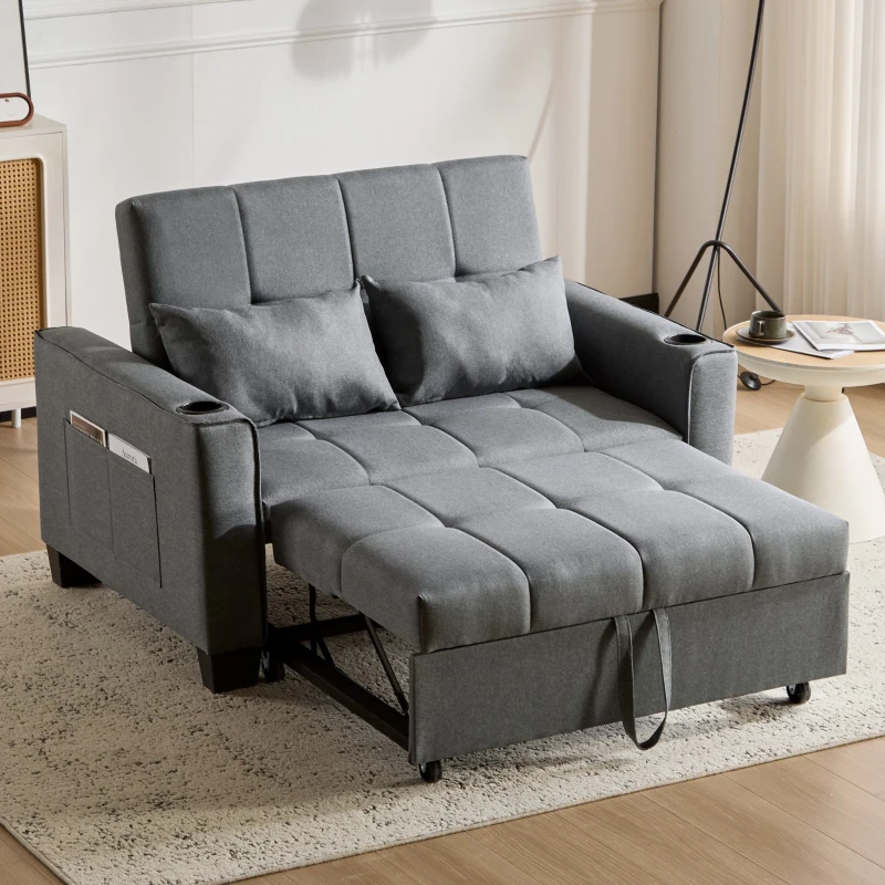 2 Seater Sofa Bed with Cup Holders, Convertible Fabric Sofa Chair with Adjustable Backrest and Storage Pockets, 140L x 96W x 97H cm, Gray