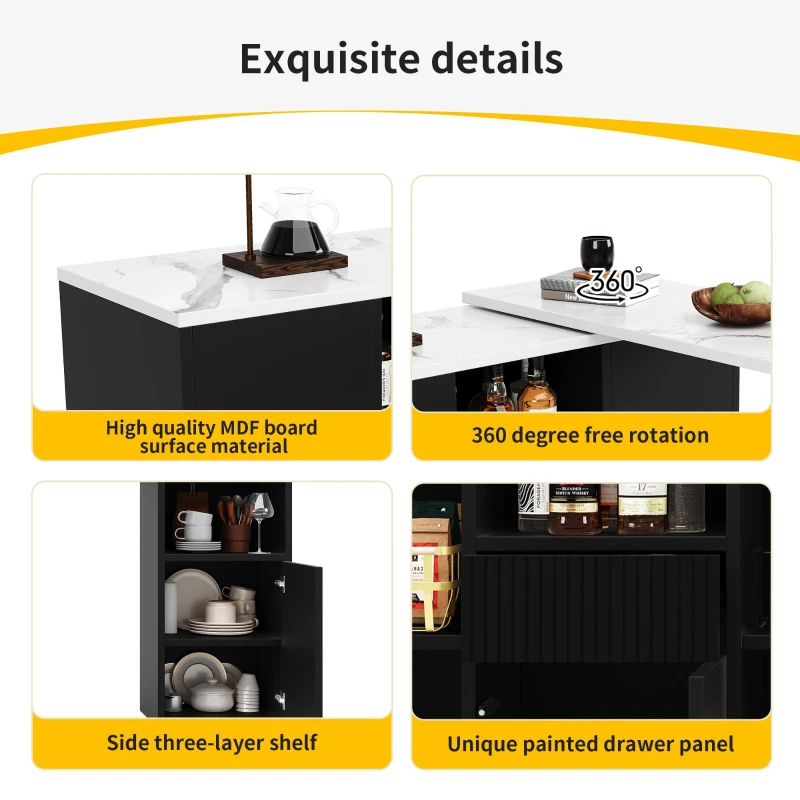 360° Swivelling Kitchen Island with Marble Worktop, Storage Compartments, Bar Table for Kitchen, Living Room, 198.5L x 30W x 72.5H cm, Black