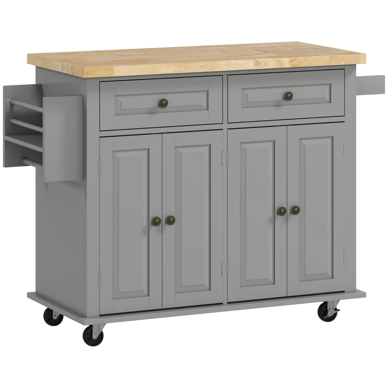 HOMCOM Ilha de Cozinha com Rodas 2 Gavetas 4 Portas Suporte para Temperos e Barra Lateral 111x44,5x82,5 cm Cinzento e Madeira