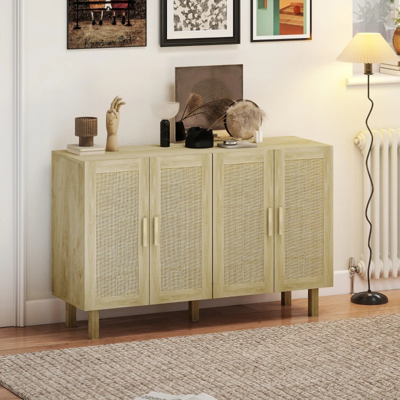 HOMCOM Aparador de Sala de Estar com 4 Portas com Rede em Vime e Prateleiras Ajustáveis Aparador para Cozinha 120x39,5x76 cm Madeira