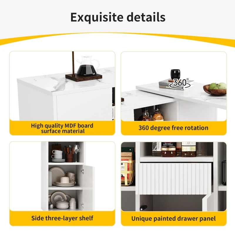 360° Swivelling Bar Table with Marble Worktop, Open Storage Compartments, Ideal for Kitchen, Living Room, 198.5L x 30W x 72.5H cm, White