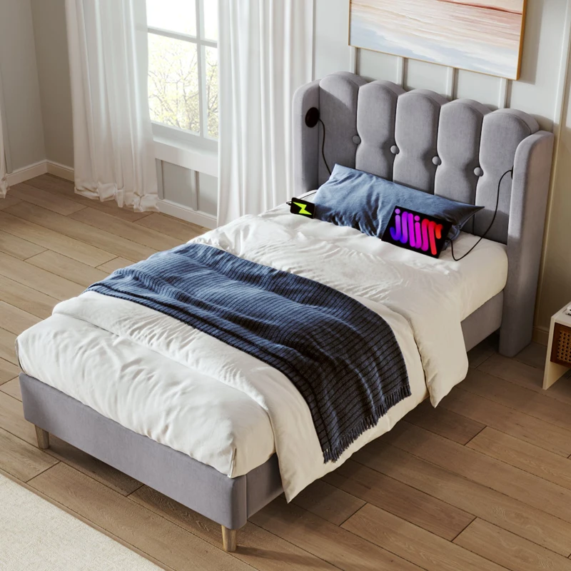 Upholstered Single Bed with USB & Type-C Charging Ports, Teenager Bed for Bedroom & Guest Room, 197L x 103W x 103H cm, Grey