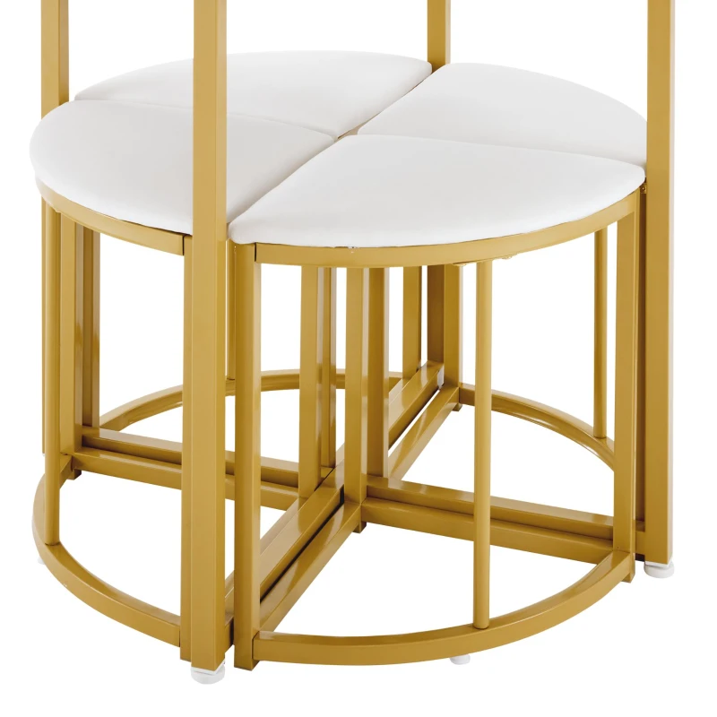 Dining Table Set with 4 Velvet Chairs, Space-Saving Design, MDF Top and Gold-Plated Iron Frame, Easy assembly, 80L x 80W x 75H cm, White+Gold