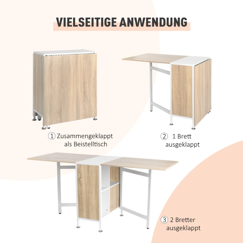 HOMCOM Klapptisch Esstisch Beistelltische Ablagefläche für Wohnzimmer Küche Eiche Holz Metallrahmen Natur+Weiß 169 x 60 x 75 cm