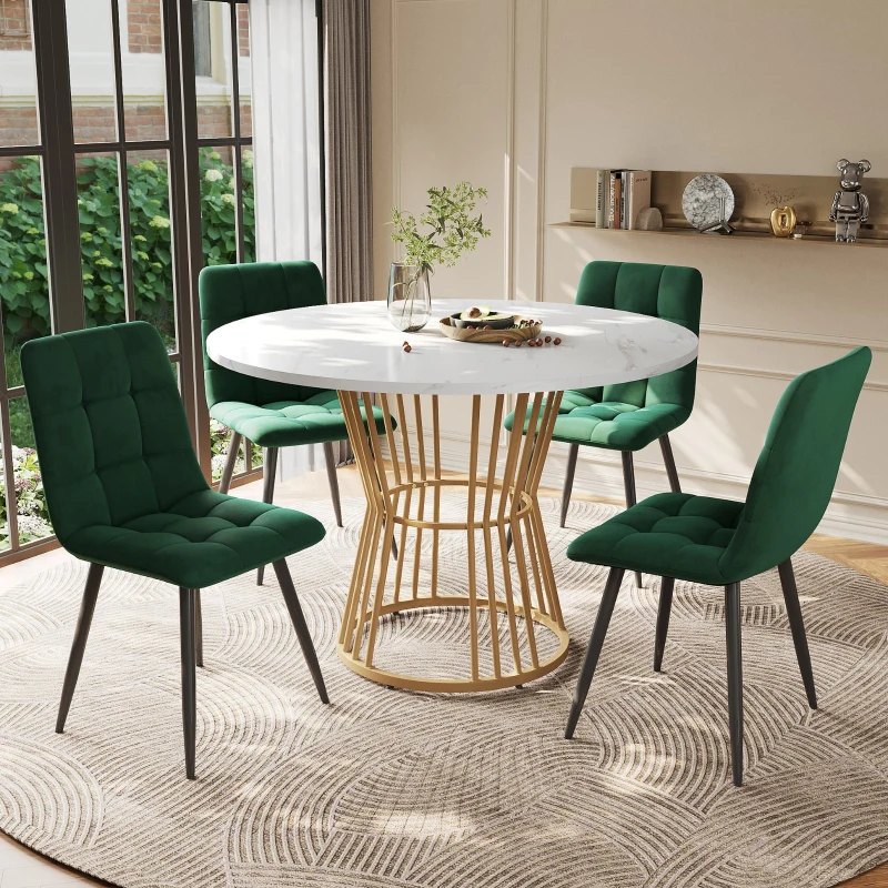 Round Dining Table Set with 4 Velvet Chairs, Marble Pattern MDF Top and Golden Metal Legs, Easy Assembly, 1100L x 100W x 75H cm, White+Green