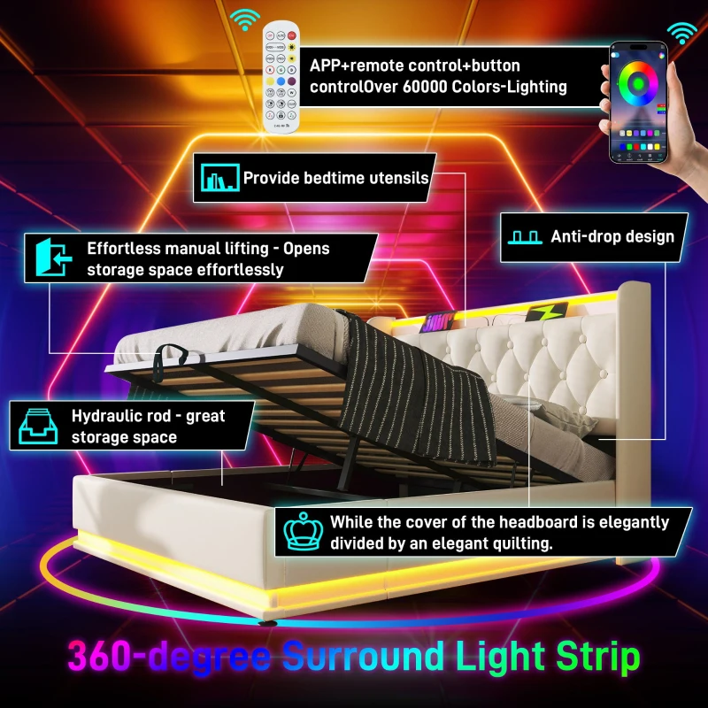 Upholstered Double Ottoman Bed with 360 Surround LED, USB Charging Port, Hydraulic Storage Bed Frame, 206L x 148W x 104H cm, White
