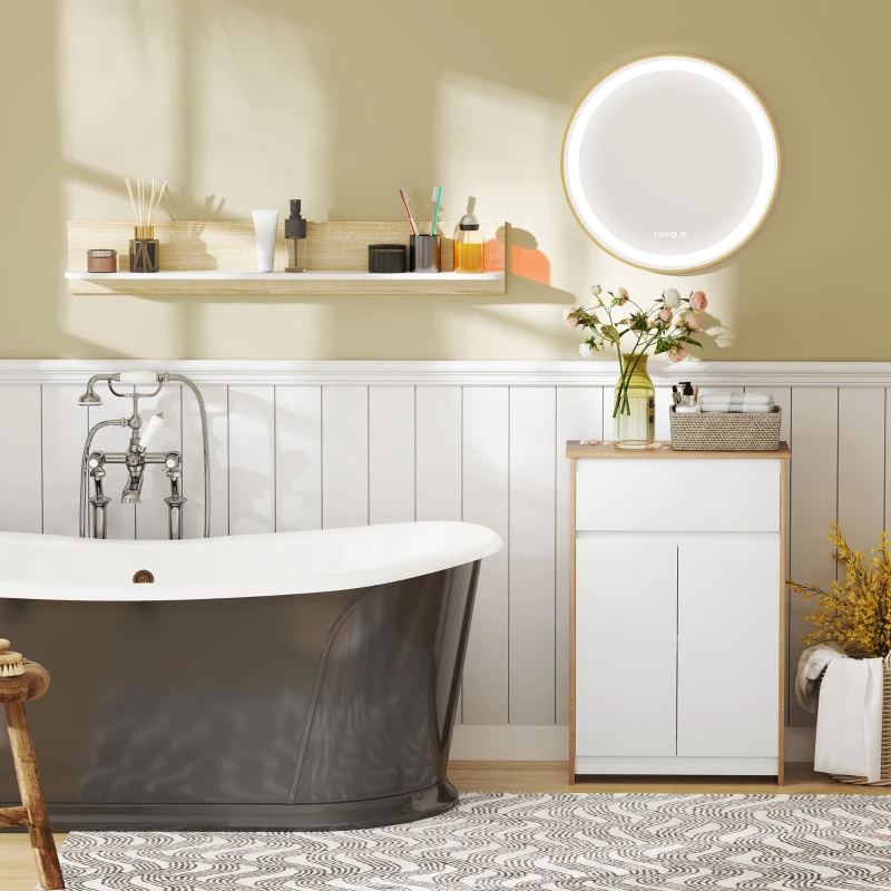 kleankin Espelho Casa de Banho Redondo com Luz LED 3 Luzes Ajustáveis Visualização de Temperatura e Hora Função de Memória Ø60x4cm Dourado