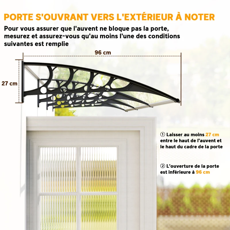 Outsunny Auvent de porte toit marquise en polycarbonate auvent de porte d'entrée bord en aluminium contre la pluie et UV