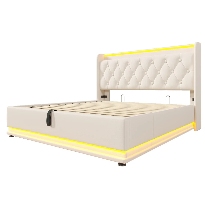 Upholstered Double Ottoman Bed with 360 Surround LED, USB Charging Port, Hydraulic Storage Bed Frame, 206L x 148W x 104H cm, White