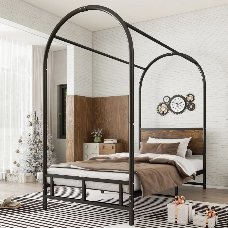 Metal Canopy Bed Frame with Durable Iron and MDF Construction, Wood Headboard, Easy Self-Installation, 195L x 90.5W x 192H cm, Black