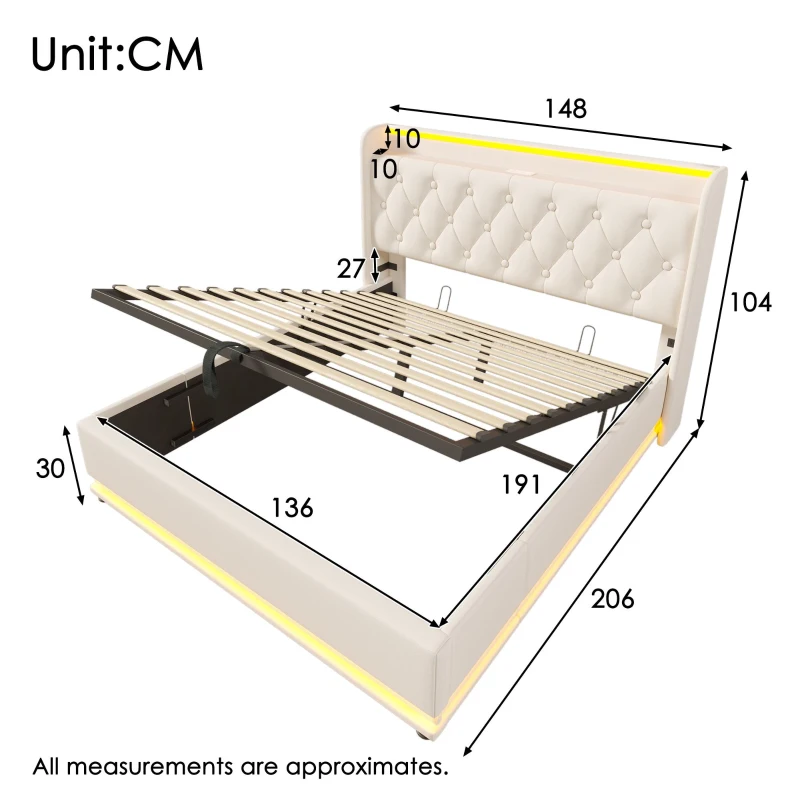 Upholstered Double Ottoman Bed with 360 Surround LED, USB Charging Port, Hydraulic Storage Bed Frame, 206L x 148W x 104H cm, White