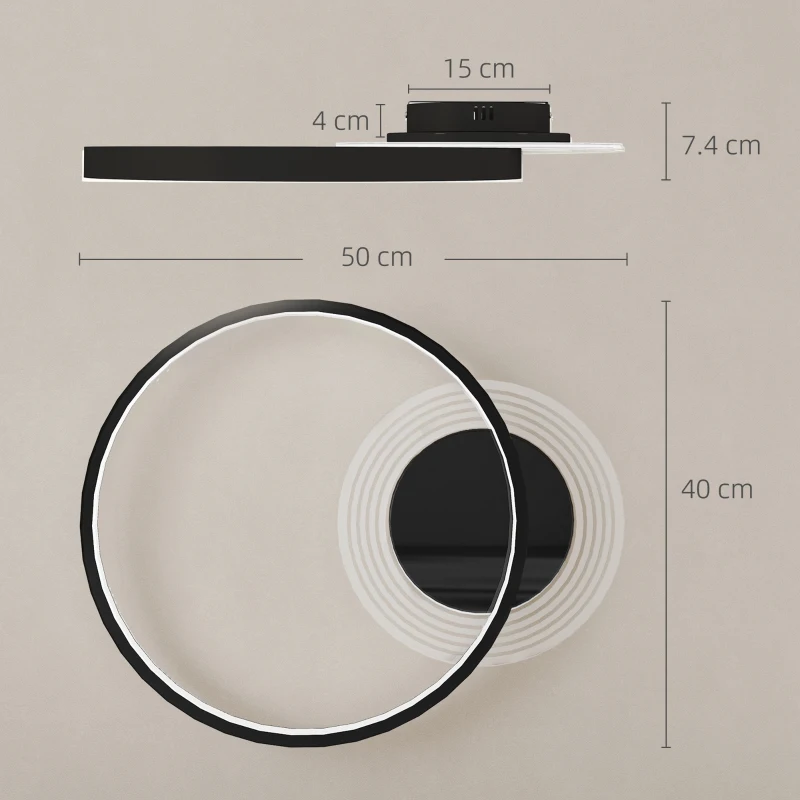 HOMCOM Lampă de tavan LED Modernă de 40W cu 2 Inele și Lumină Reglabilă, Negru
