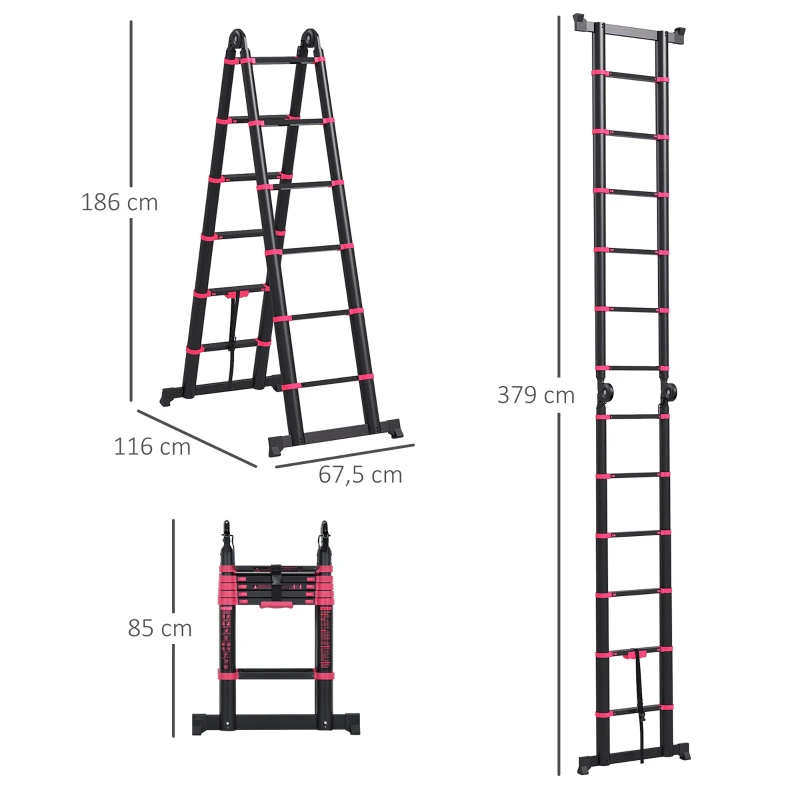 HOMCOM Escalera de Aluminio Plegable 2 Formas de Uso con 12 Escalones Antideslizantes Carga 150 kg 379x67,5x11 cm Negro y Rojo