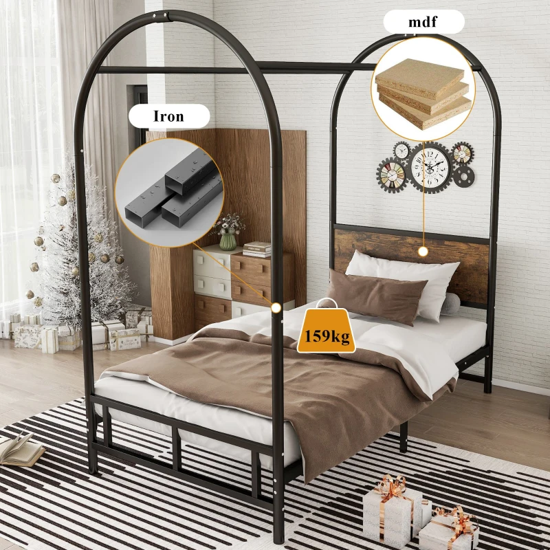 Metal Canopy Bed Frame with Durable Iron and MDF Construction, Wood Headboard, Easy Self-Installation, 195L x 90.5W x 192H cm, Black