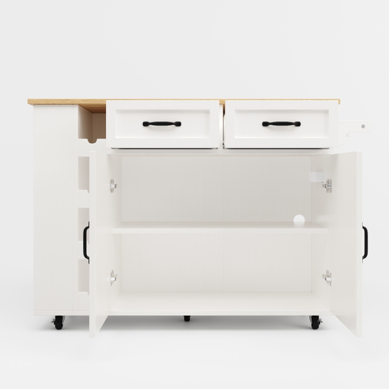 Kitchen Island Trolley with Power Strip, Folding Design and Wine Rack, Space-Saving Design for Kitchen, 131.5L x 76W x 91H cm, White+Natural