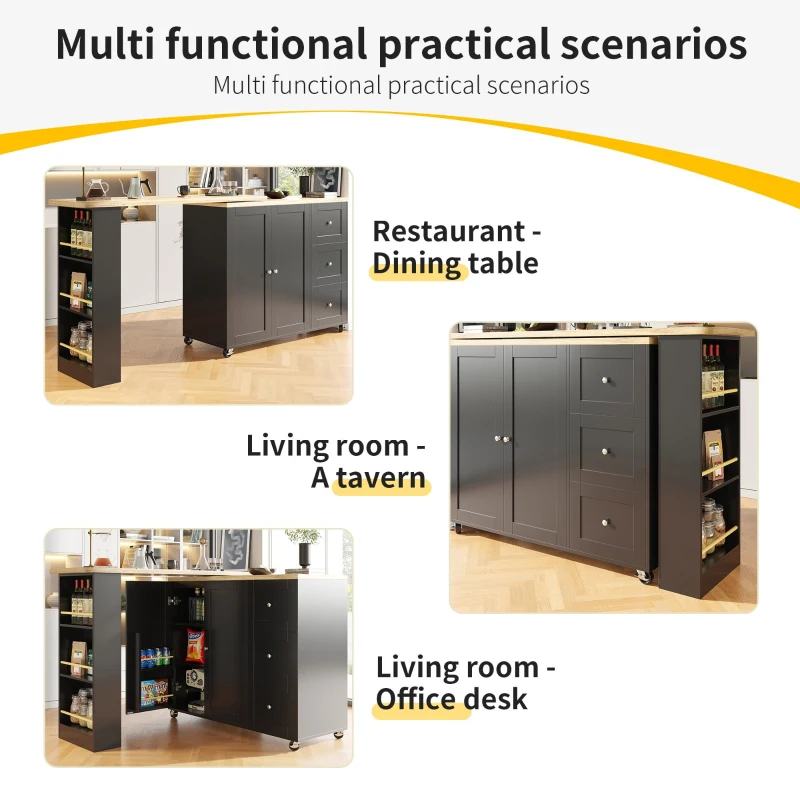 360° Swivelling Dining Table with Snack Rack, Three Drawers, Multifunctional Kitchen Island with Castors, 209L x 39W x 104H cm, Black