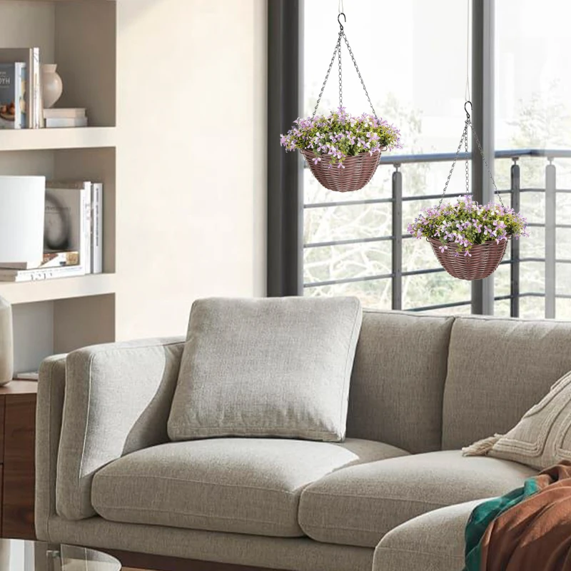 HOMCOM Artificial Flowers in Basket Set of 2, Artificial Hanging Baskets with 75 Leaves and 15 Flowers in Pot, Decorative Plant for Home Office Decor, Purple