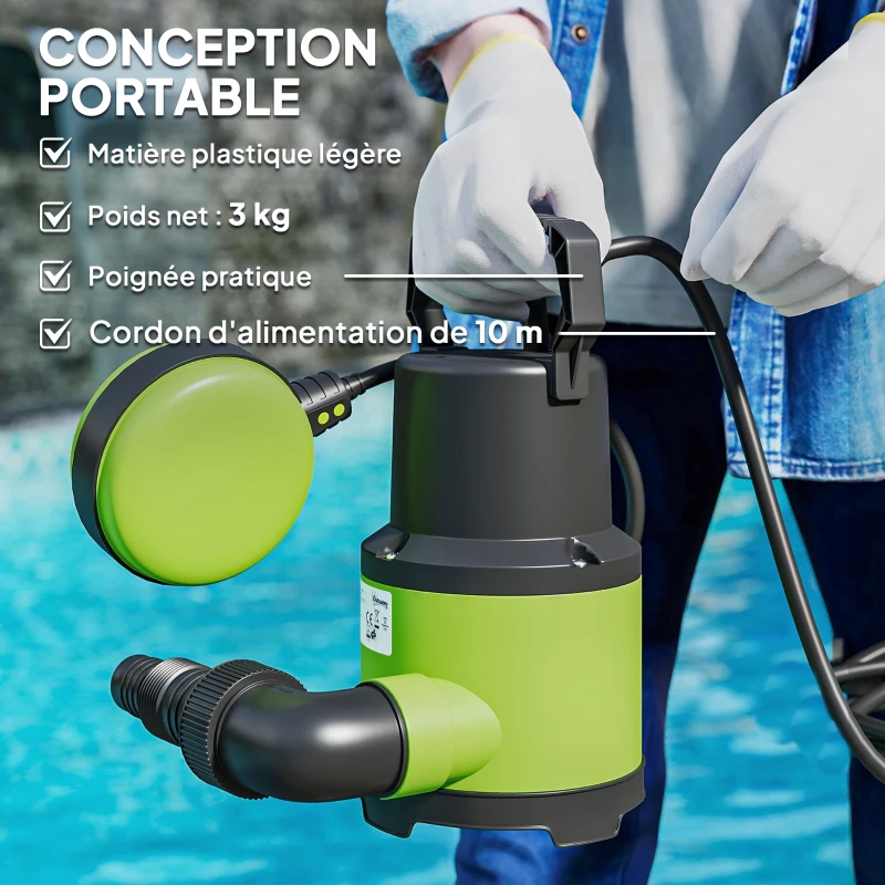 Outsunny Pompe d'évacuation eaux chargées/propres débit 9000L/H 400W profondeur max. 15m interrupteur à flotteur 16x14x27cm vert