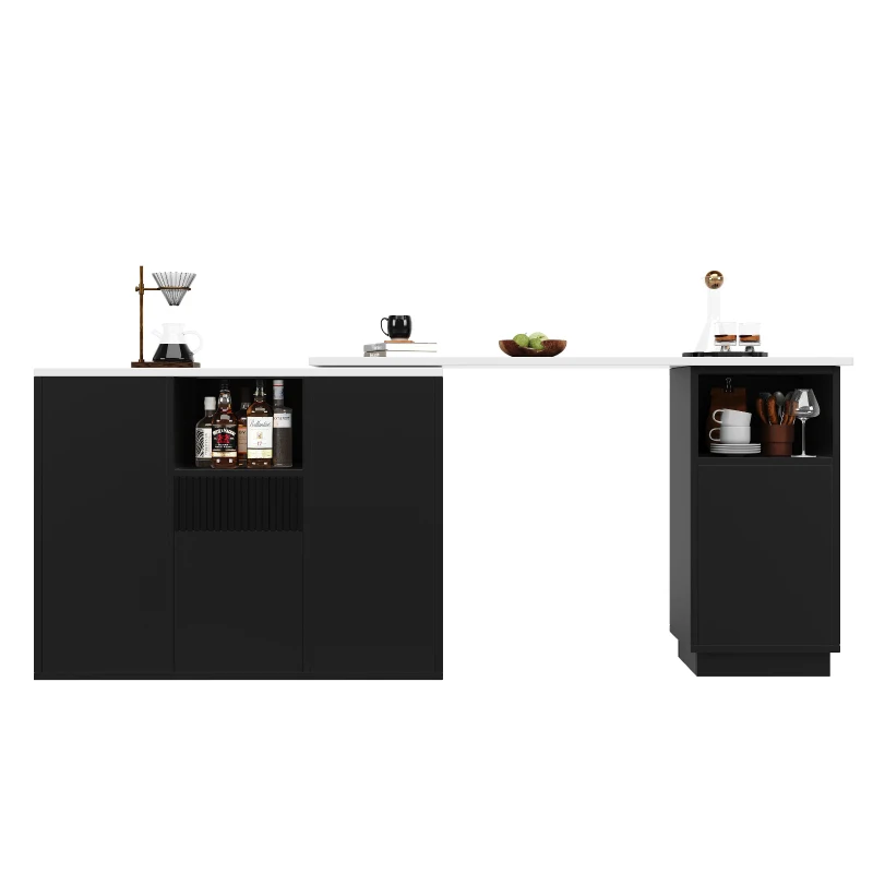 360° Swivelling Kitchen Island with Marble Worktop, Storage Compartments, Bar Table for Kitchen, Living Room, 198.5L x 30W x 72.5H cm, Black