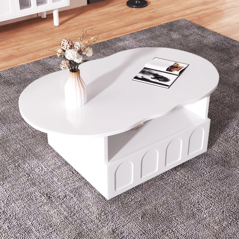 Cloud-Shaped Coffee Table with Drawer and Storage Compartments, Push-to-Open Mechanism, Easy Installation, 100L x 60W x 40.5H cm, White