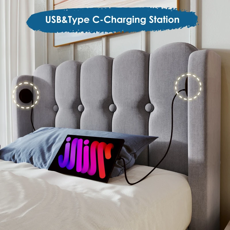 Upholstered Single Bed with USB & Type-C Charging Ports, Teenager Bed for Bedroom & Guest Room, 197L x 103W x 103H cm, Grey