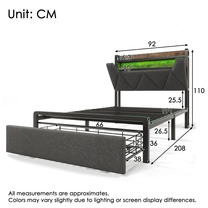 Upholstered Single Bed with LED Lighting, USB Type-C Charging, Storage Headboard and Drawers, 3ft Single Bed, 208L x 92W x 110H cm, Grey