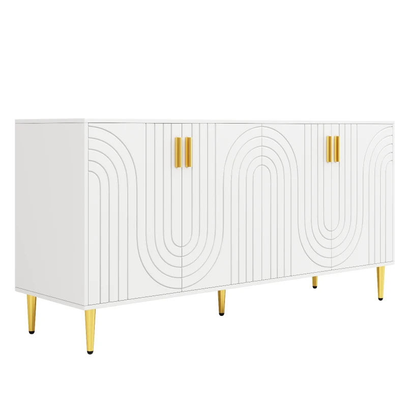 Wave Design Sideboard with Golden Handles and Feet, Elegant Storage Cabinet with 4 Doors and 2 Drawers, 152L x 40W x 75H cm, White