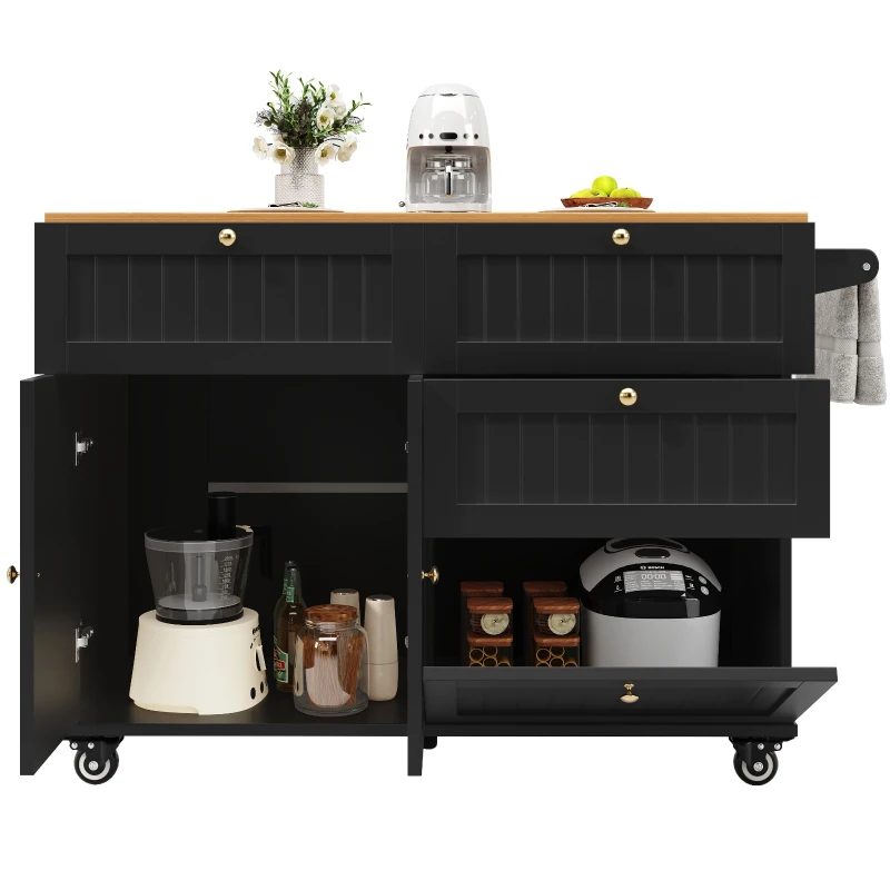Rolling Mobile Kitchen Island Cart with Drawer and Storage Cabinet, Drop Leaf Breakfast Bar with Towel Rack, 121L x 70W x 88H cm, Black