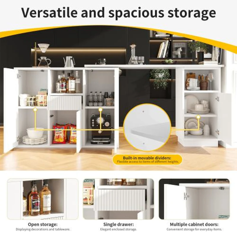 360° Swivelling Bar Table with Marble Worktop, Open Storage Compartments, Ideal for Kitchen, Living Room, 198.5L x 30W x 72.5H cm, White