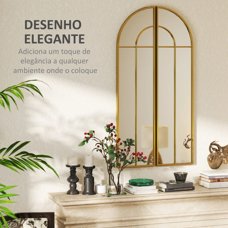 HOMCOM Espelho Decorativo de Parede com 2 Peças 30x120 cm Espelho em Forma de Arco e Estrutura de Metal para Entrada Dourado