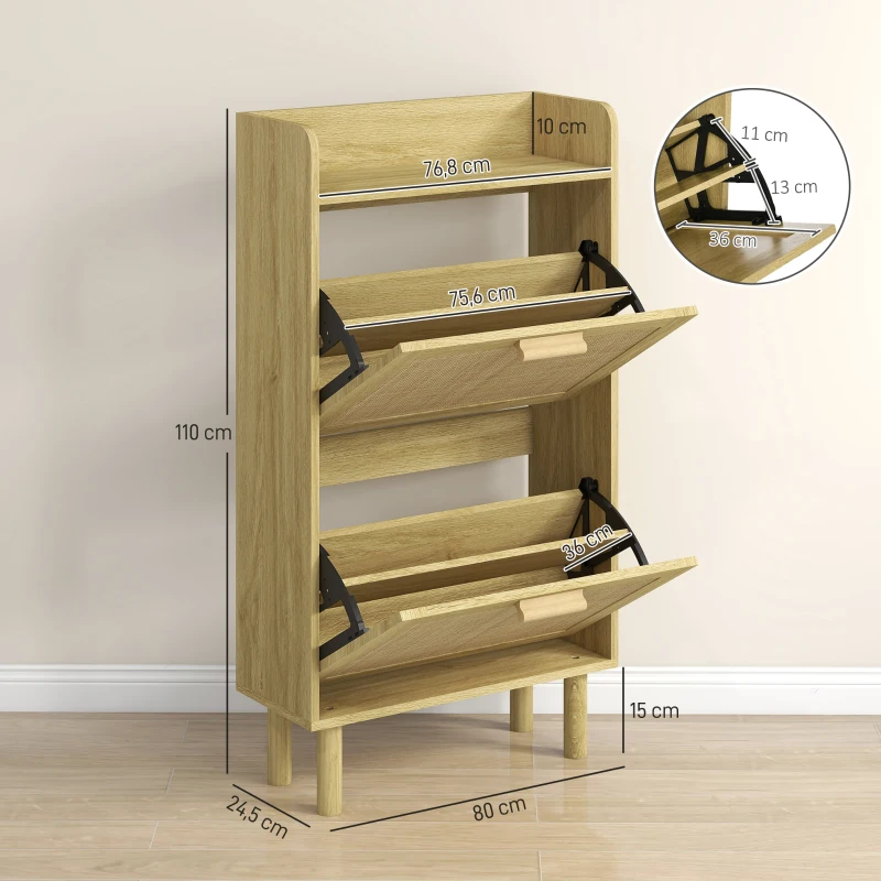 HOMCOM Móvel Sapateira de Entrada com 2 Gavetas Basculantes e 1 Prateleira Aberta para 18 Pares de Sapatos 80x24,5x110 cm Carvalho
