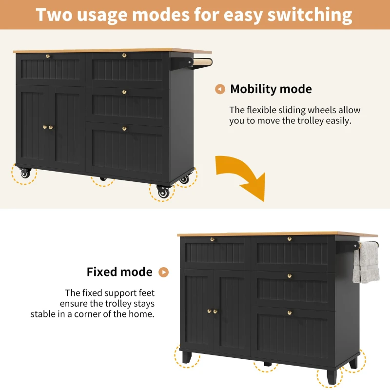 Rolling Mobile Kitchen Island Cart with Drawer and Storage Cabinet, Drop Leaf Breakfast Bar with Towel Rack, 121L x 70W x 88H cm, Black