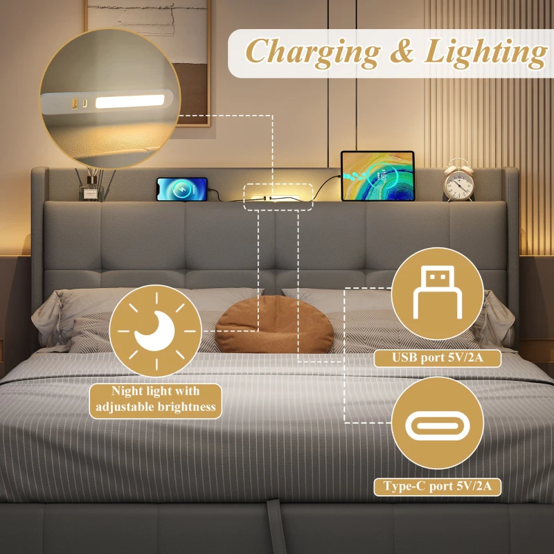 King Upholstered Bed Frame with Hydraulic Storage, LED Light, PU Leather Ottoman Bed with Charging Station, 217L x 152W x 115H cm, Grey
