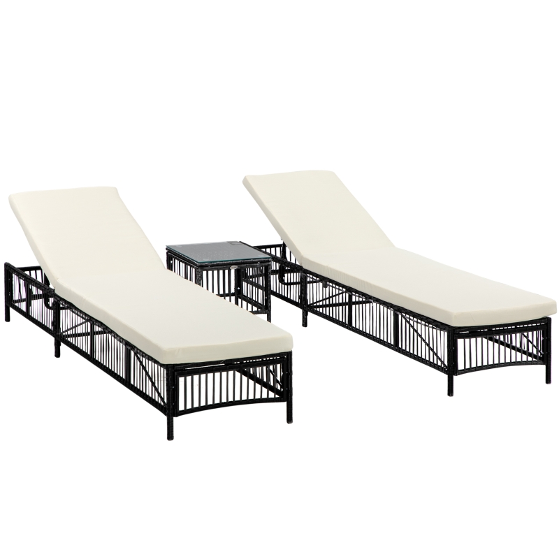 Outsunny Conjunto de 2 Tumbonas de Ratán con Mesa de Centro Respaldo Ajustable en 5 Niveles y Cojines 196x54x32 cm Negro