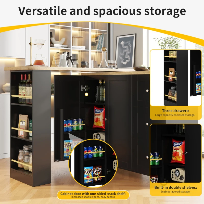 360° Swivelling Dining Table with Snack Rack, Three Drawers, Multifunctional Kitchen Island with Castors, 209L x 39W x 104H cm, Black