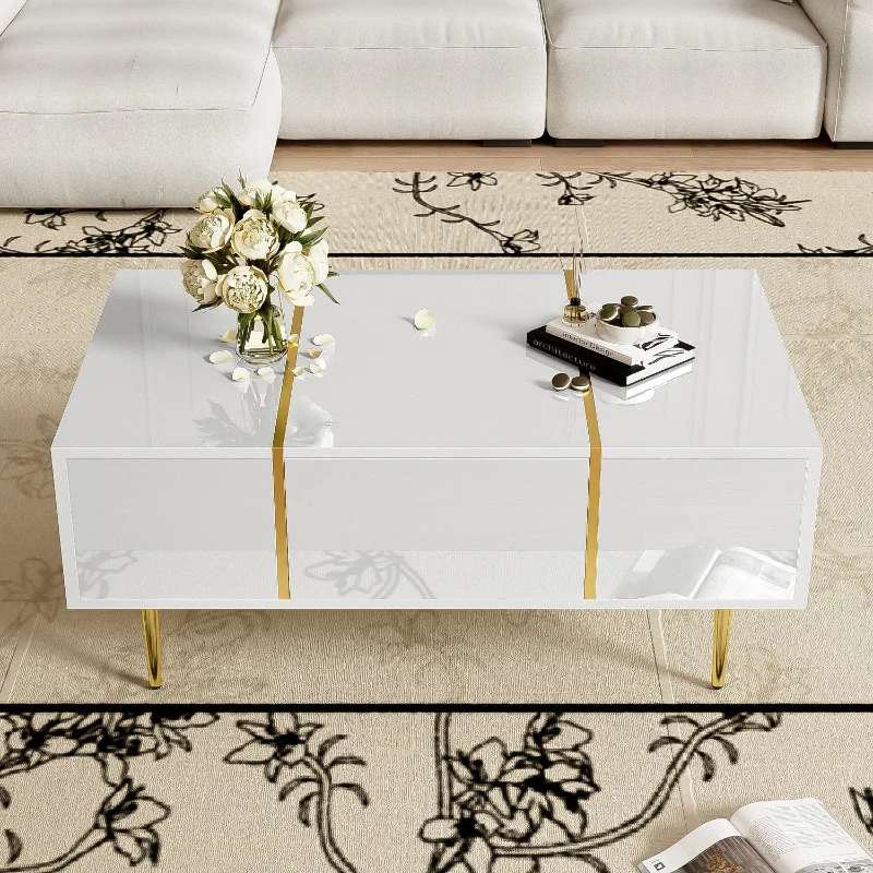White High-Gloss Coffee Table with 2 Drawers, Modern Design and Easy Cleaning, Practical Storage, 100L x 60W x 41.5H cm, White