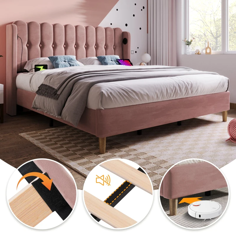 Upholstered Double Bed with USB and Type-C Charging Ports, Wooden Slatted Frame, Teenager Bed for Bedroom, 197L x 150W x 103H cm, Pink