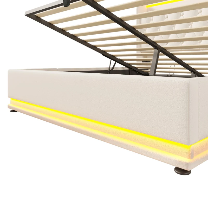 Upholstered Double Ottoman Bed with 360 Surround LED, USB Charging Port, Hydraulic Storage Bed Frame, 206L x 148W x 104H cm, White